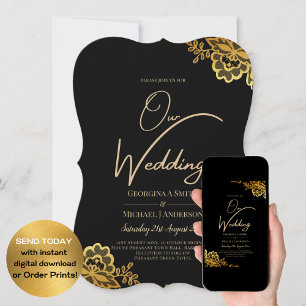 Elegant Black Gold Lace Modern Wedding  Invitation