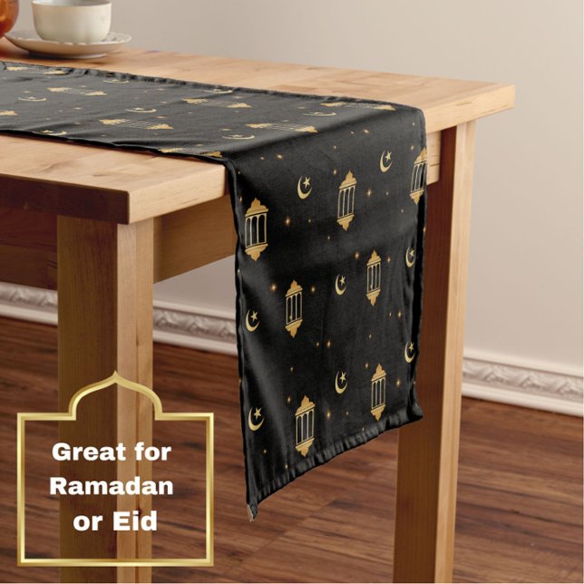 Elegant Black Gold Lanterns Moon Islamic Eid Short Table Runner (An elegant, modern black + gold table runner, with lantern, stars + moon motif. )