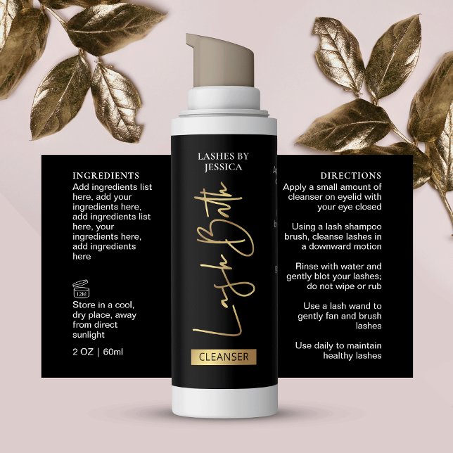 Elegant Black Gold Lash Bath Cleanser Foam Bottle Rectangular Sticker (Elegant black and gold lash bath foam bottle wrap around label with ingredients & directions)