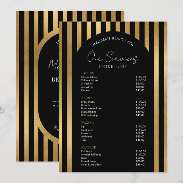 Elegant Black & Gold Lashes Hair Spa Price List (Front/Back)