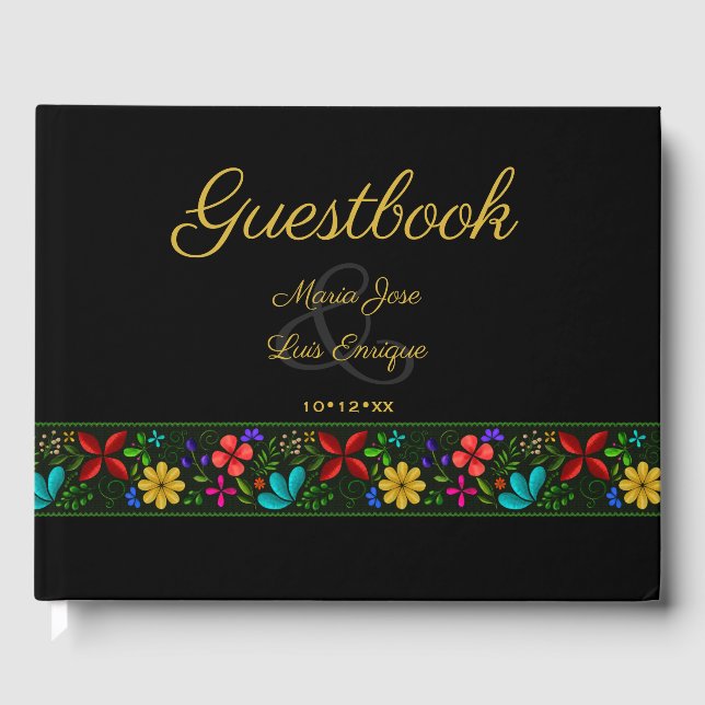 Elegant Black Gold Latin American Folk Floral Guest Book (Front)