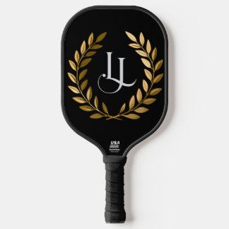 Elegant Black & Gold Laurel Monogram Pickleball Pa Paddle