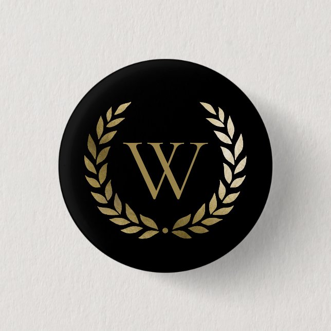 Elegant Black Gold Laurel Wreath Monogram 3 Cm Round Badge (Front)