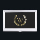 Elegant Black Gold Laurel Wreath Monogram Business Card Holder<br><div class="desc">This elegant business card case features your monogram in faux gold framed by a matching gold laurel wreath on a black background. Designed by Susan Coffey.</div>