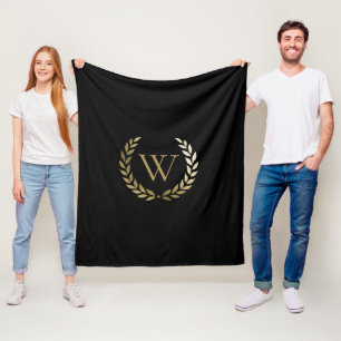 Elegant Black Gold Laurel Wreath Monogram Fleece Blanket
