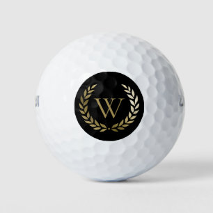 Elegant Black Gold Laurel Wreath Monogram Golf Balls