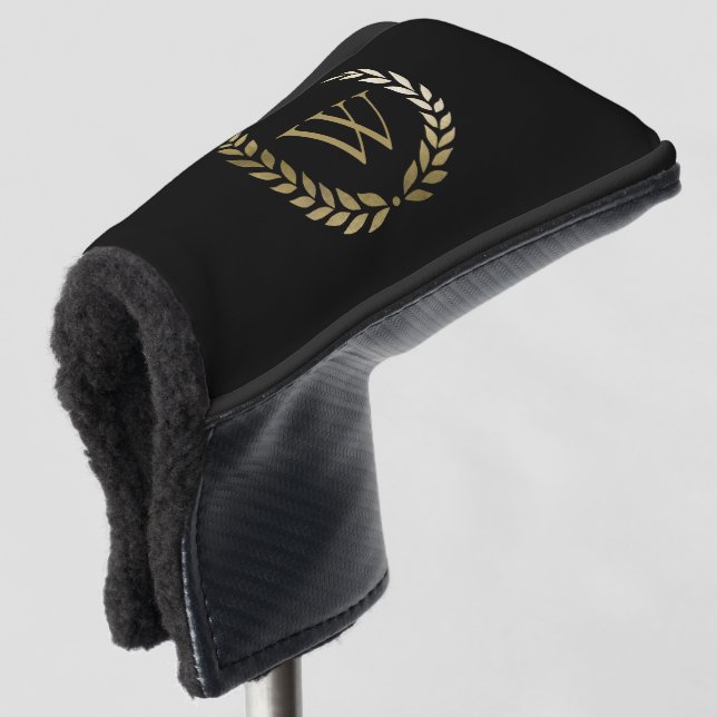 Elegant Black Gold Laurel Wreath Monogram Golf Head Cover (3/4 Front)