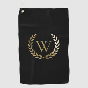 Elegant Black Gold Laurel Wreath Monogram Golf Towel