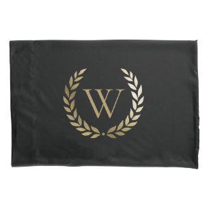 Elegant Black Gold Laurel Wreath Monogram Pillowcase