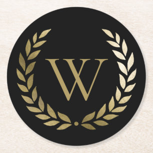 Elegant Black Gold Laurel Wreath Monogram Round Paper Coaster