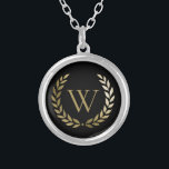 Elegant Black Gold Laurel Wreath Monogram Silver Plated Necklace<br><div class="desc">This elegant personalised necklace features a faux gold monogram framed with a gold laurel wreath on a simple black background. Designed by Susan Coffey.</div>