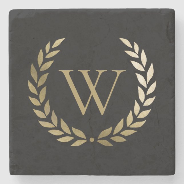 Elegant Black Gold Laurel Wreath Monogram Stone Coaster (Front)
