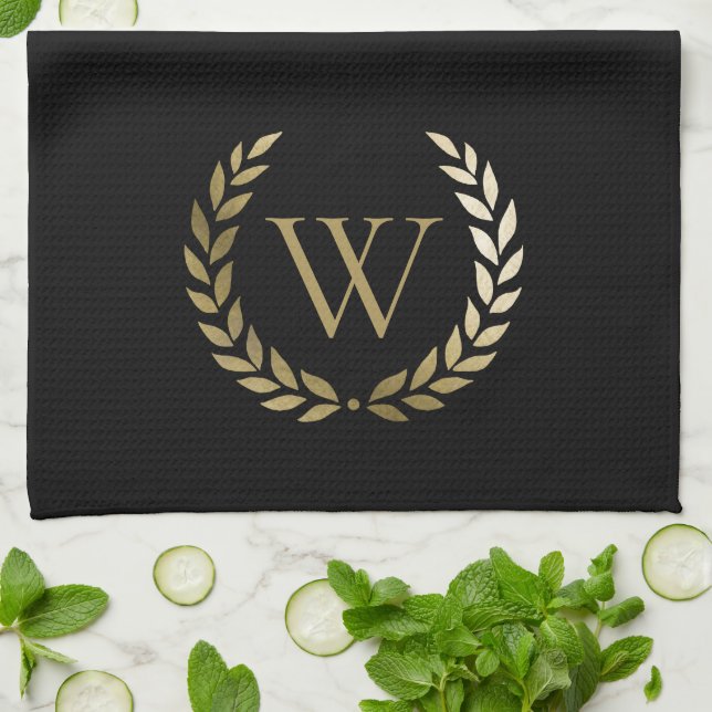Elegant Black Gold Laurel Wreath Monogram Tea Towel (Folded)