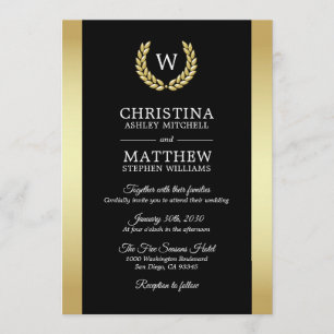 Elegant Black Gold Laurel Wreath Monogram Wedding Invitation