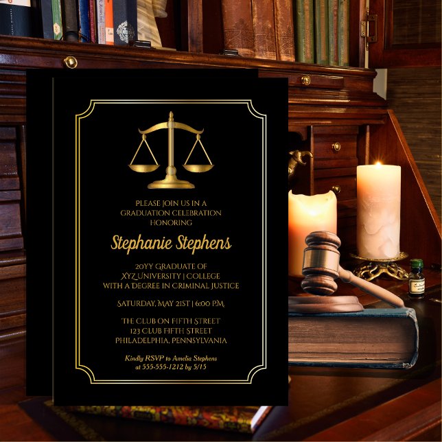 Elegant Black | Gold Law Attorney Graduation Party Invitation (Elegant Black and Gold Tone Scales Law Lawyer | Attorney Graduation Party Invitation)