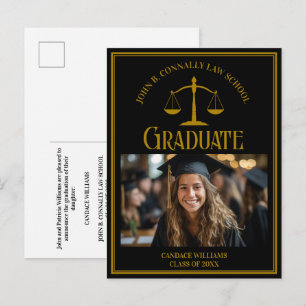 Elegant Black Gold Law School Graduation Photo Announcement Postcard