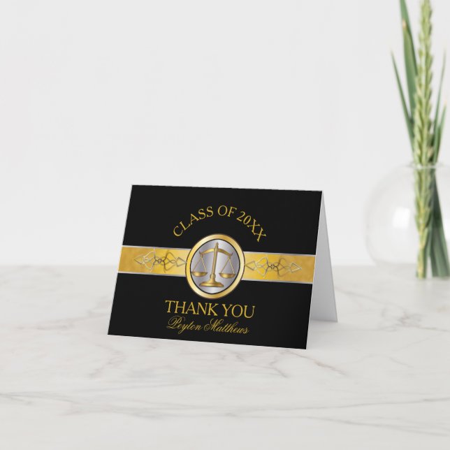 Elegant Black Gold Law School Graduation Thank You Card (Front)