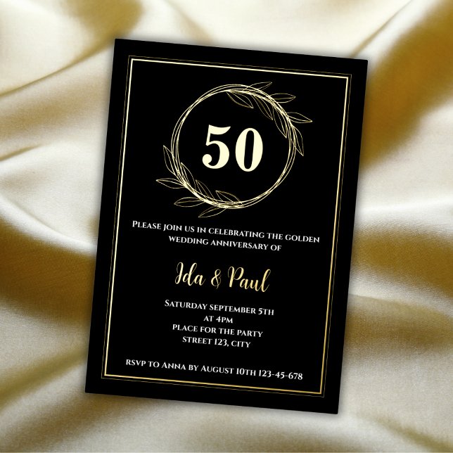 Elegant Black Gold Leaf 50th Wedding Anniversary (50 wedding anniversary invitation elegant golden leaf black)