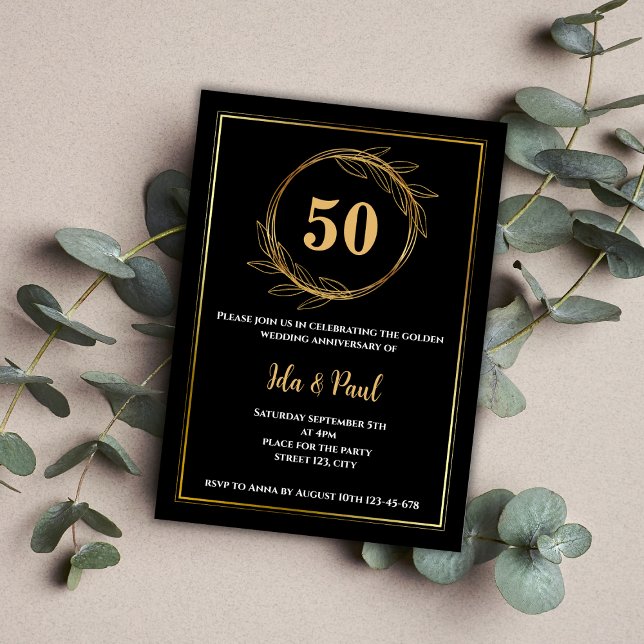 Elegant Black Gold Leaf 50th Wedding Anniversary Invitation (Elegant Black Gold Leaf 50th Wedding Anniversary Invitation)