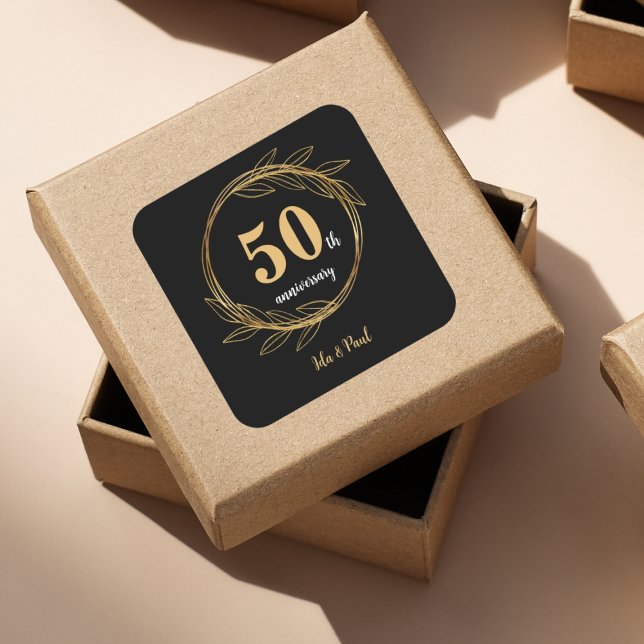 Elegant Black Gold Leaf 50th Wedding Anniversary Square Sticker (Elegant Black Gold Leaf 50th Wedding Anniversary Square Sticker)