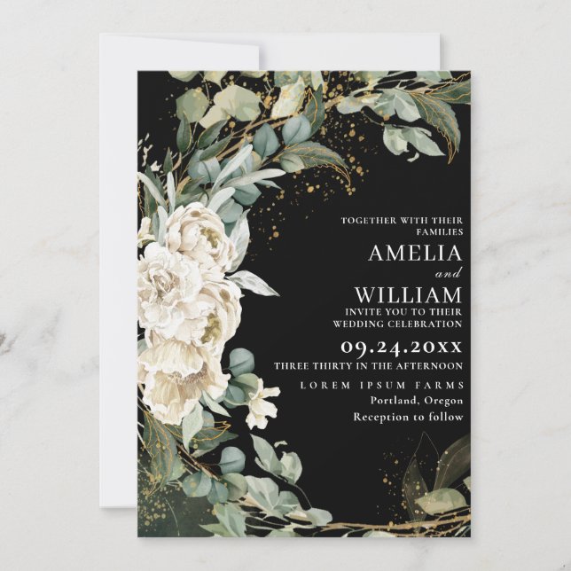 Elegant black gold leaf Eucalyptus Wedding Invitation (Front)