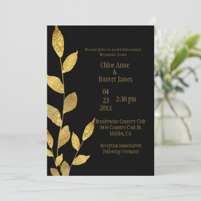 Elegant Black Gold Leaf Modern Chic Wedding Invitation (Standing Front)