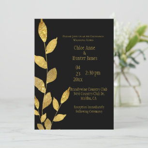 Elegant Black Gold Leaf Modern Chic Wedding Invitation