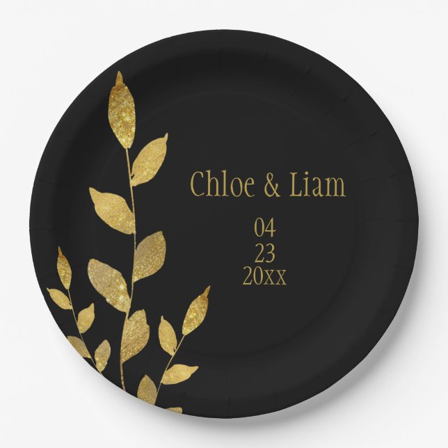 Elegant Black Gold Leaf Modern Chic Wedding Paper Plate (Front)