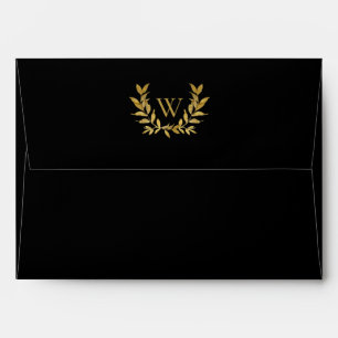 Elegant Black Gold Leaf Monogram Modern Wedding Envelope