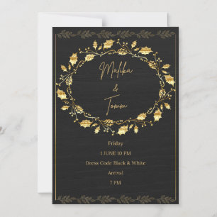 Elegant Black & Gold Leaf Wedding Invitation