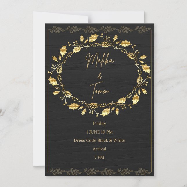 Elegant Black & Gold Leaf Wedding Invitation (Front)