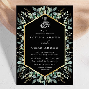 Elegant Black Gold Leaves Islamic Muslim Wedding Invitation