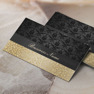 Elegant Black & Gold Leopard Print Damask Business Card