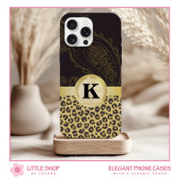 Elegant Black Gold Leopard Print Monogram