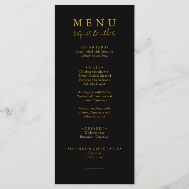 Elegant Black & Gold Let's Eat Script Wedding Menu (Front)