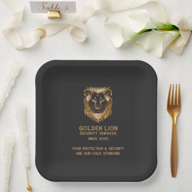 Elegant Black Gold Lion Luxe Business Logo Paper Plate (Wedding)