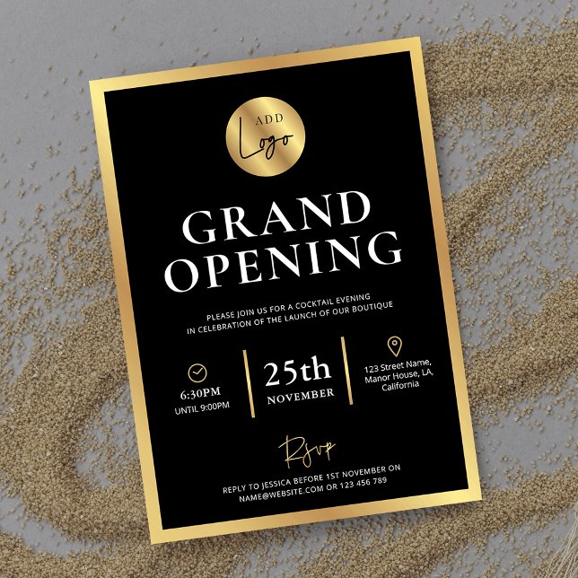 Elegant Black Gold Logo New Business Opening Event Invitation (Black & gold business grand opening invitations with space for your logo and custom event details)