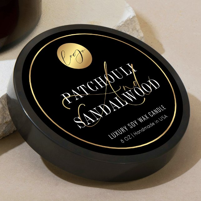 Elegant Black & Gold Logo Product Packaging Candle Classic Round Sticker (Luxurious black and gold product sticker design with space for your brand logo and product details)