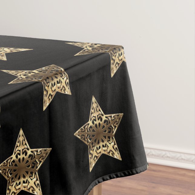 Elegant Black Gold Look Stars Pattern Chic Tablecloth (In Situ)