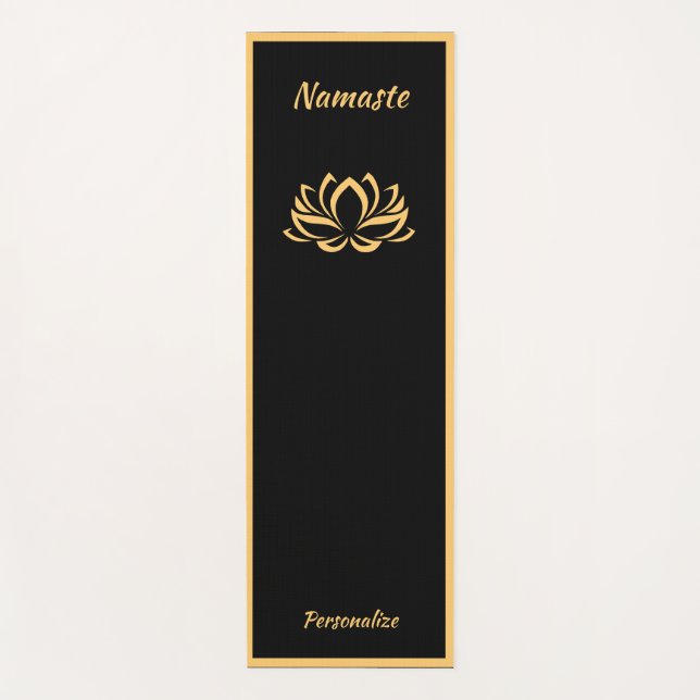 Elegant Black Gold Lotus Flower Zen Yoga Namaste Mat (Front)