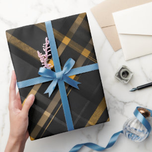Elegant Black Gold Luxury Charcoal Plaid Pattern Wrapping Paper
