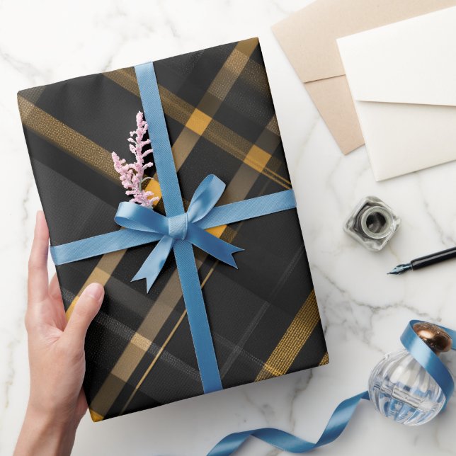 Elegant Black Gold Luxury Charcoal Plaid Pattern Wrapping Paper (Gifting)