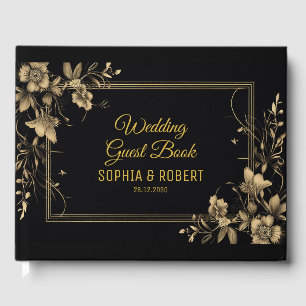 Elegant Black Gold Luxury Script Modern Wedding Guest Book