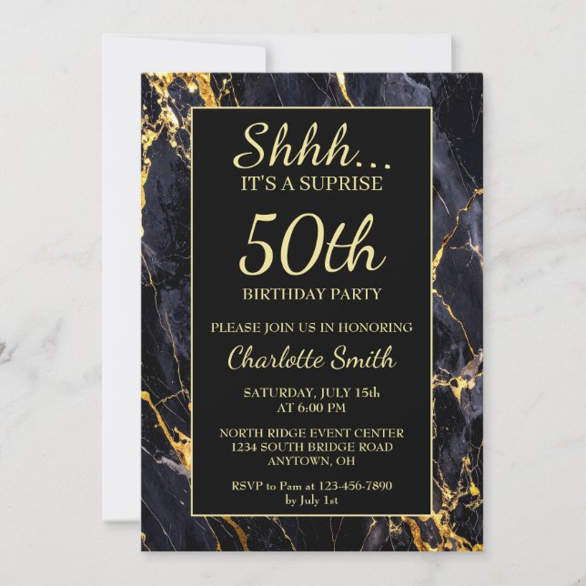 Elegant Black & Gold Marble 50th Birthday Party Invitation (Front)