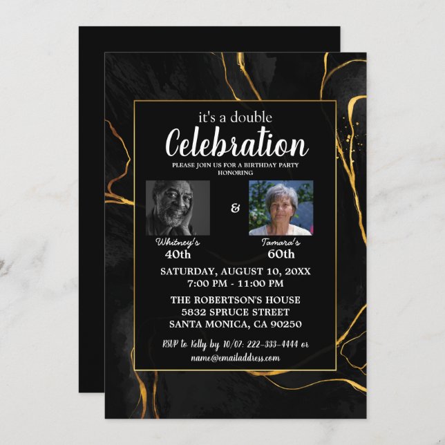 Elegant Black & Gold Marble Birthday Party Invitation (Front/Back)