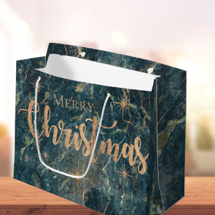 Elegant Black Gold Marble Effect Merry Christmas Large Gift Bag