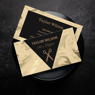 Elegant black gold marble hair stylist business card