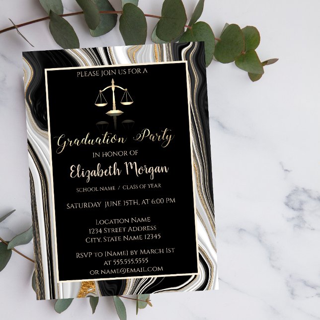 Elegant Black Gold Marble Law School Graduation  Invitation (Creator Uploaded)