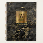 Elegant Black Gold Marble Monogram 2024 Planner<br><div class="desc">An elegant planner featuring a background image of black marble with gold veins. Personalise it with your monogram initial in black decorative font and your name in black copperplate lettering on a gold faux brushed foil square, along with the year or other text of your choice in gold on the...</div>