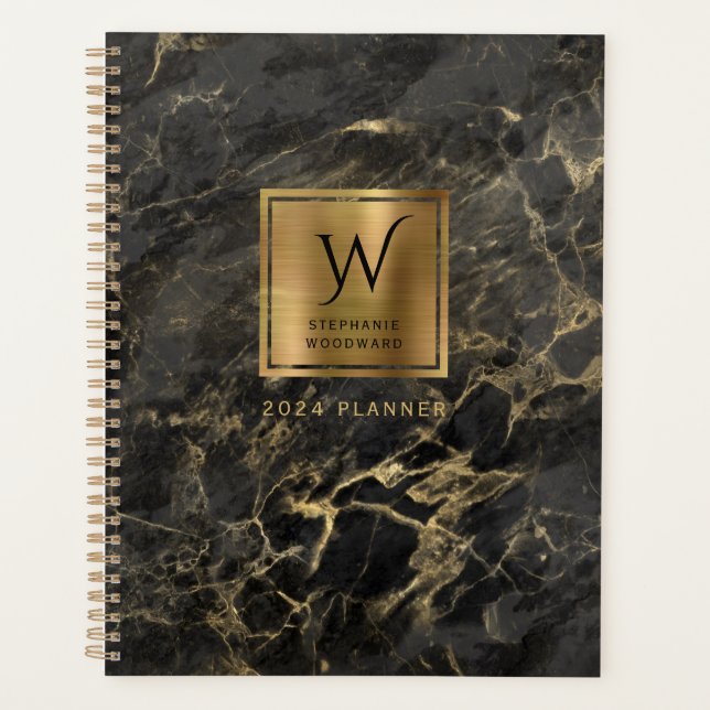 Elegant Black Gold Marble Monogram 2024 Planner (Front)